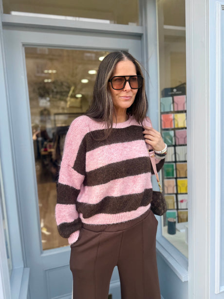 Evelyn Stripe Crew - Pink/Choc