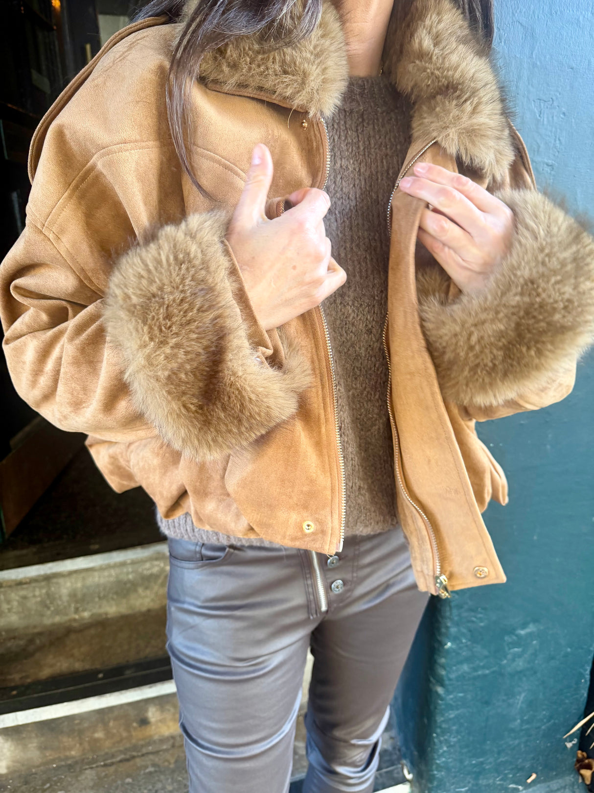 Shauna Faux Suede Bomber - Tan