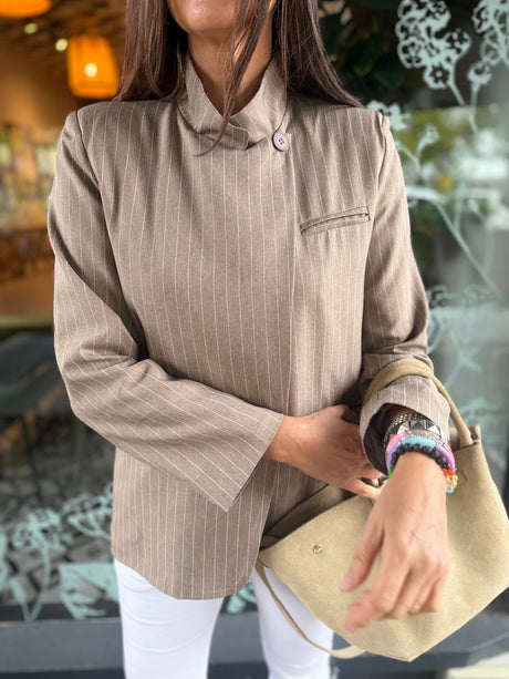 Pinstripe Funnel Neck Blazer - Biscuit