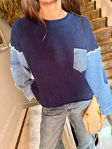 Bronte Knit With Denim Sleeve - Navy