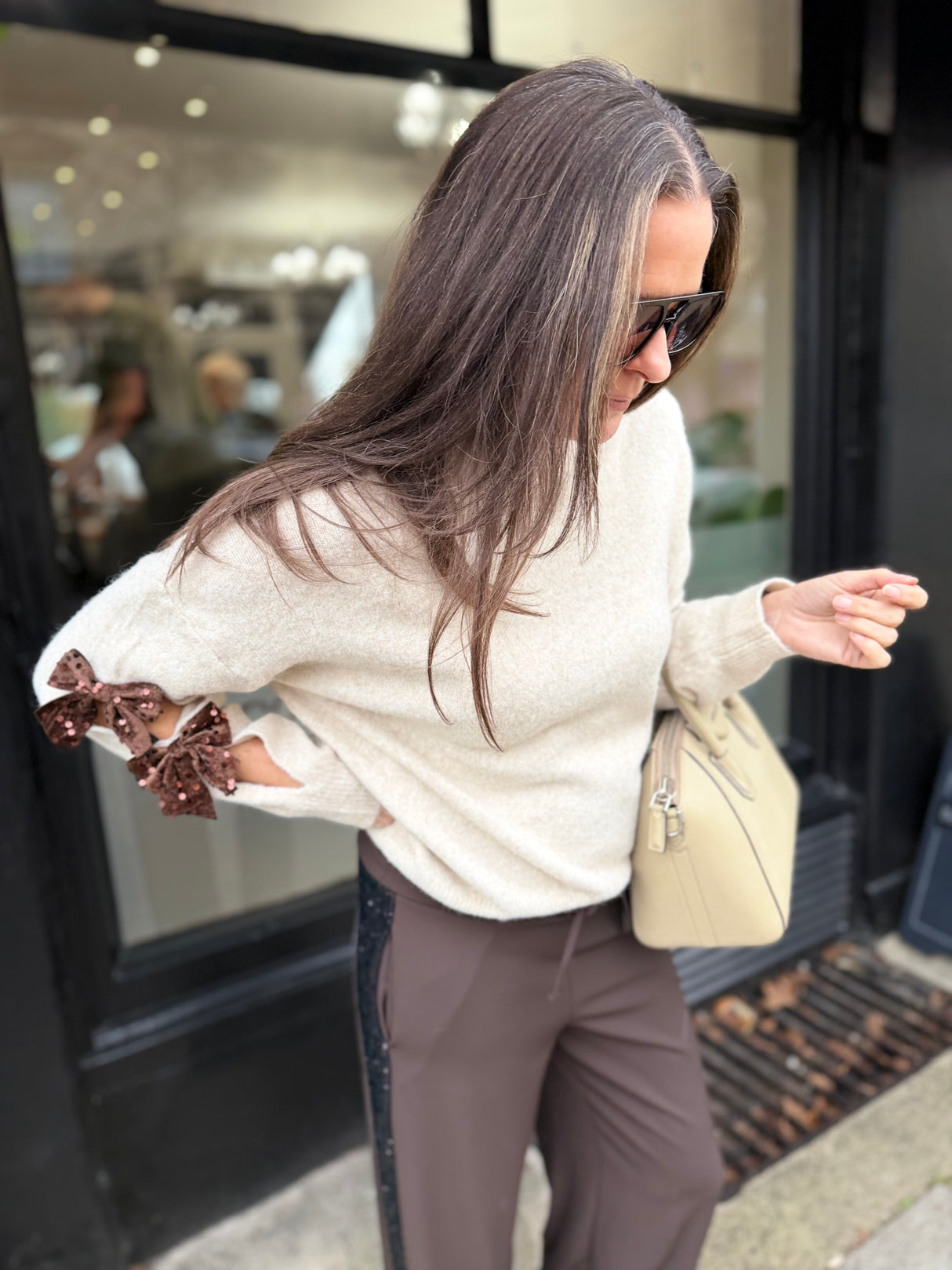 Riley Knit With Sequin Bow - Cream