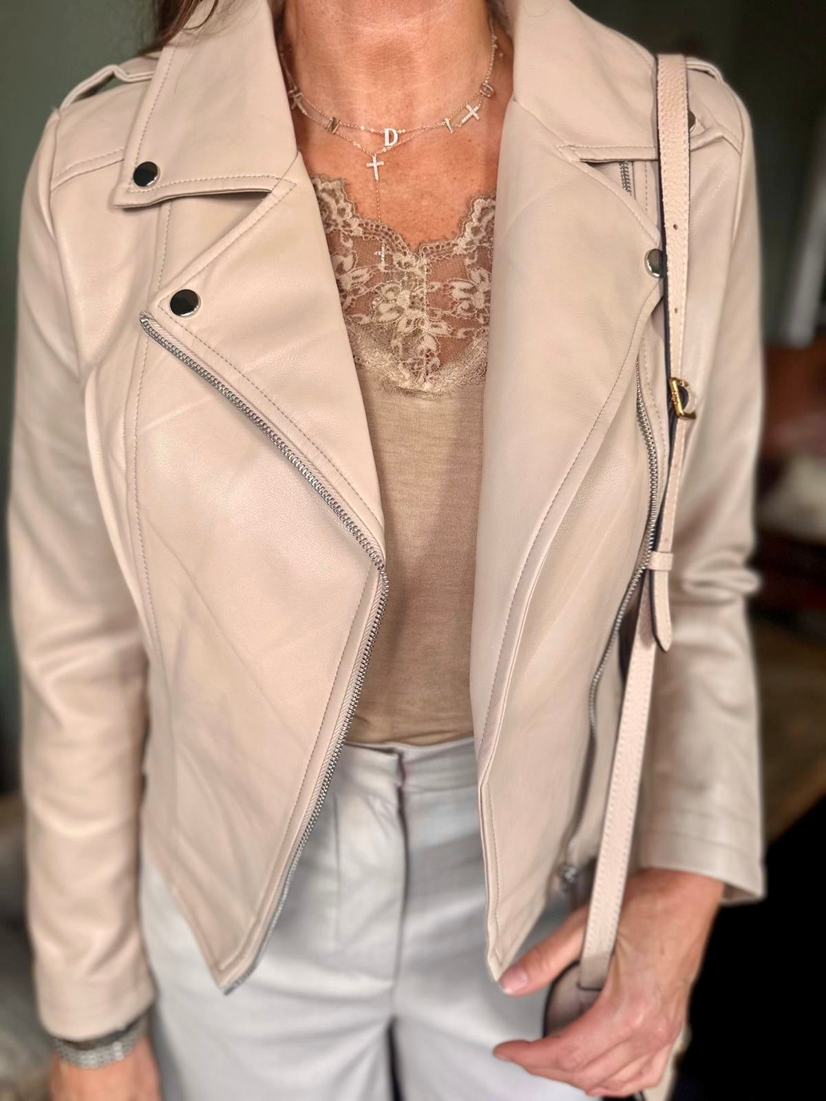 Biker Jacket With Collar - Stone