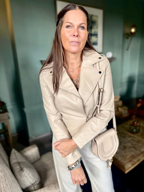 Biker Jacket With Collar - Stone