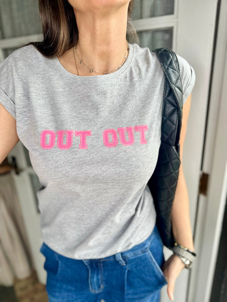 Camiseta Out Out gris/rosa neón