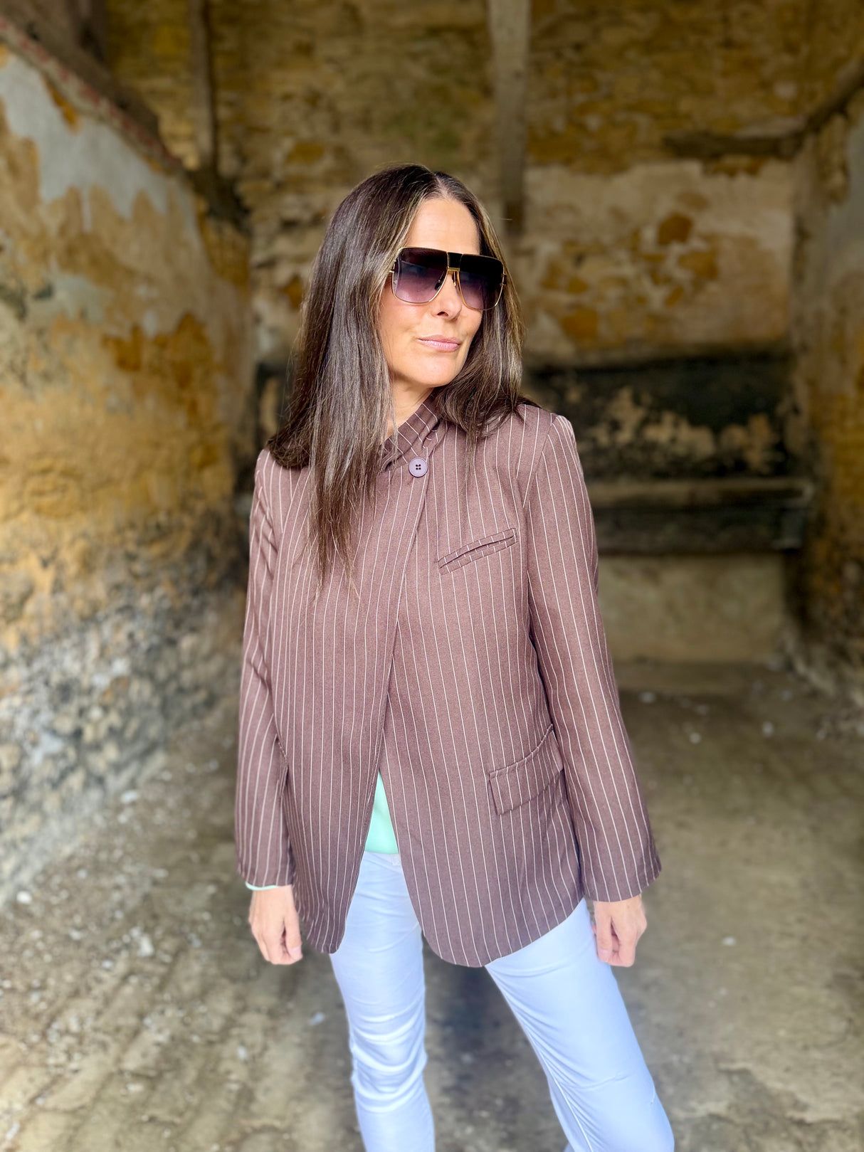 Pinstripe Funnel Neck Blazer - Chocolate