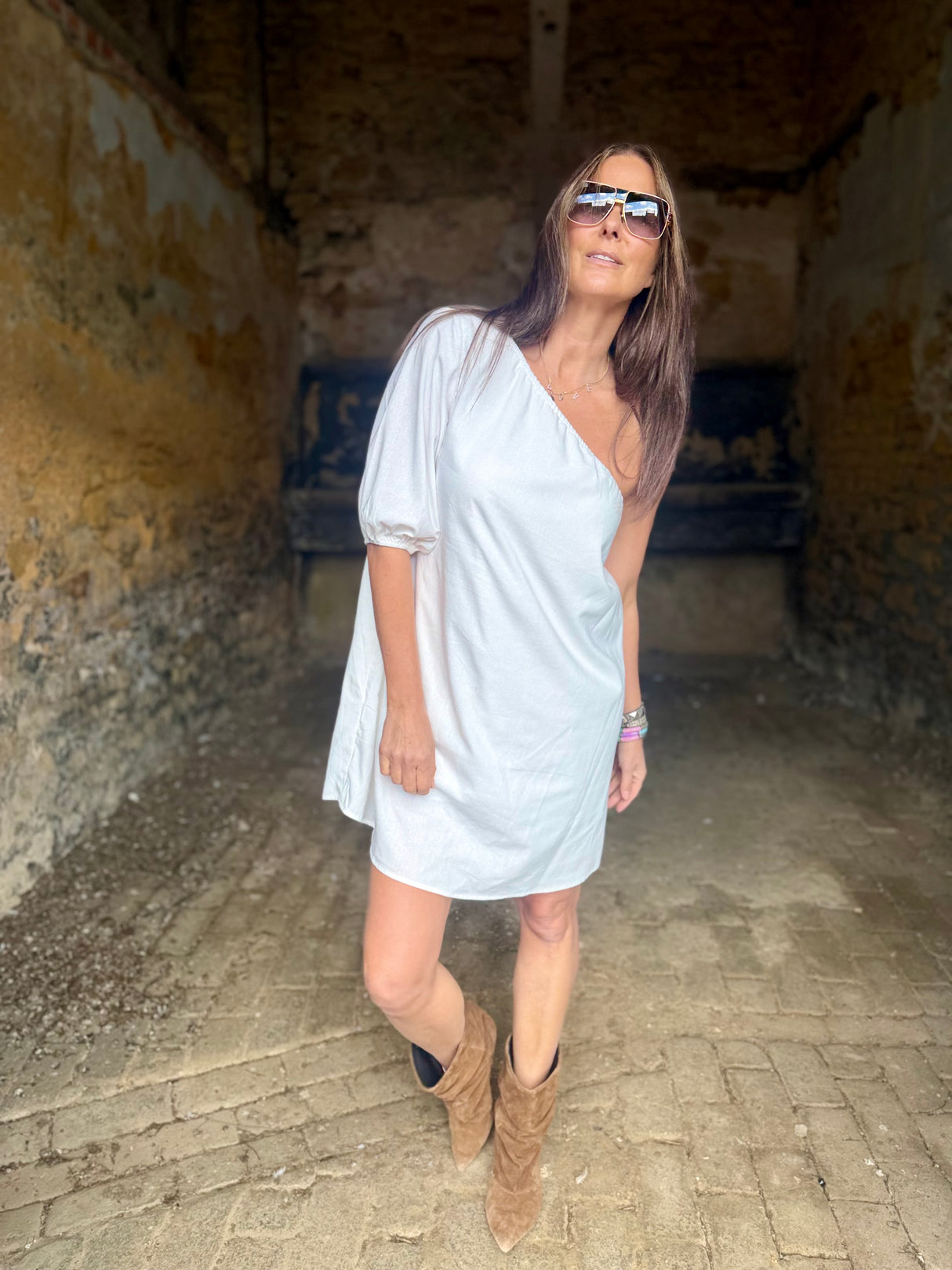 Den One Shoulder Smock Dress - White