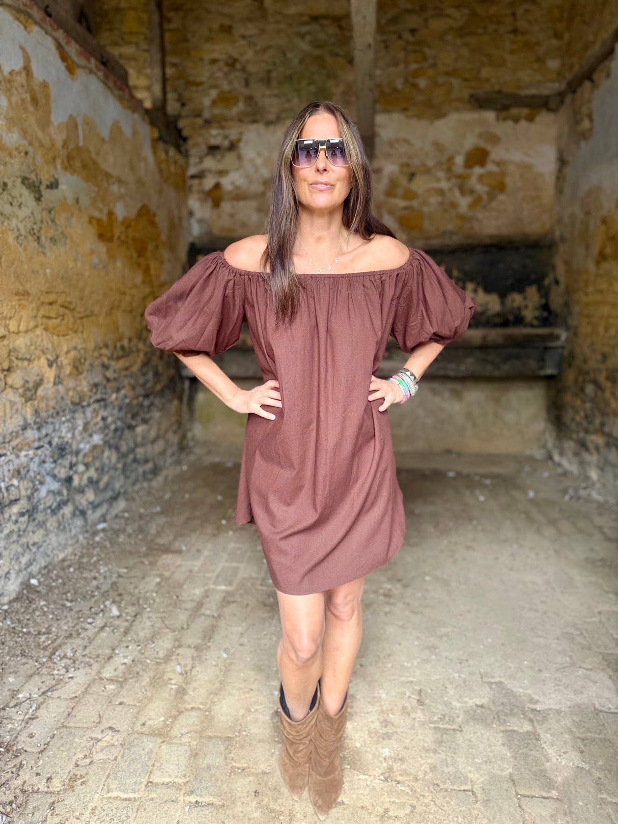 Off The Shoulder Dress- Chocolate