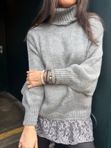 Arabella Lace Roll Neck Jumper - Grey