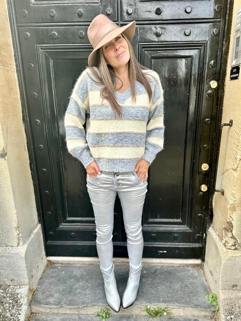 Jean Lux efecto cuero plateado