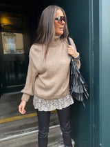 Arabella Lace Roll Neck Jumper - Biscuit
