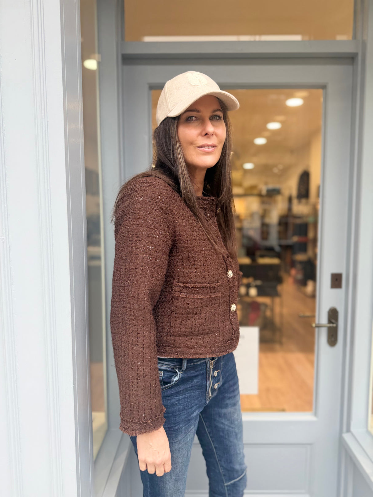 Cecile Cropped Tweed Jacket - Chocolate