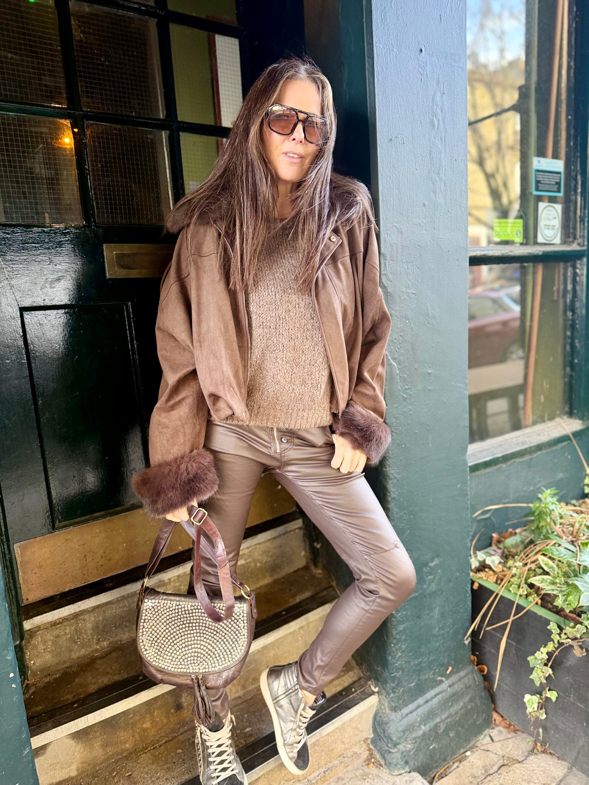 Shauna Faux Suede Bomber - Choc