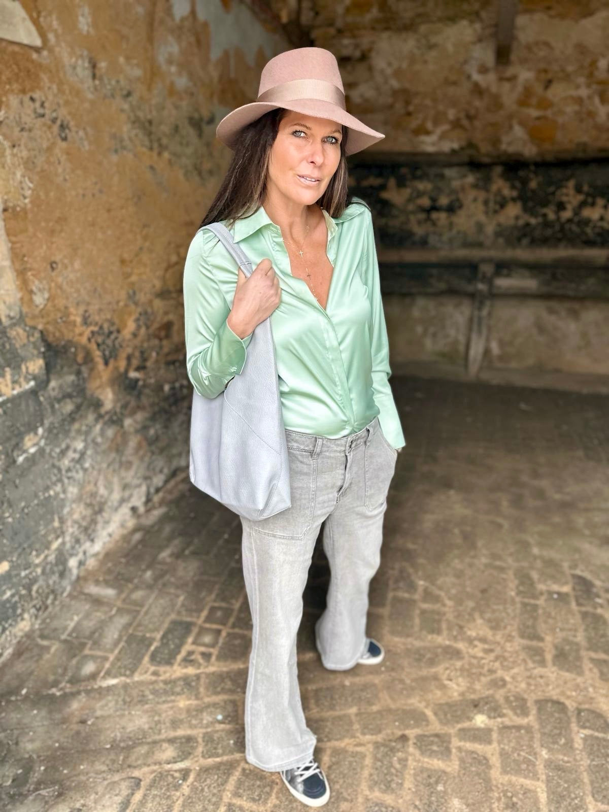 Camille Satin Shirt Sage