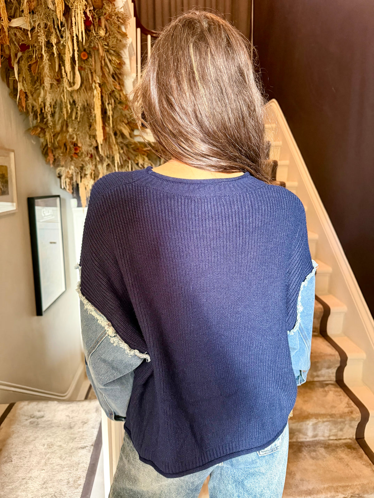 Bronte Knit With Denim Sleeve - Navy