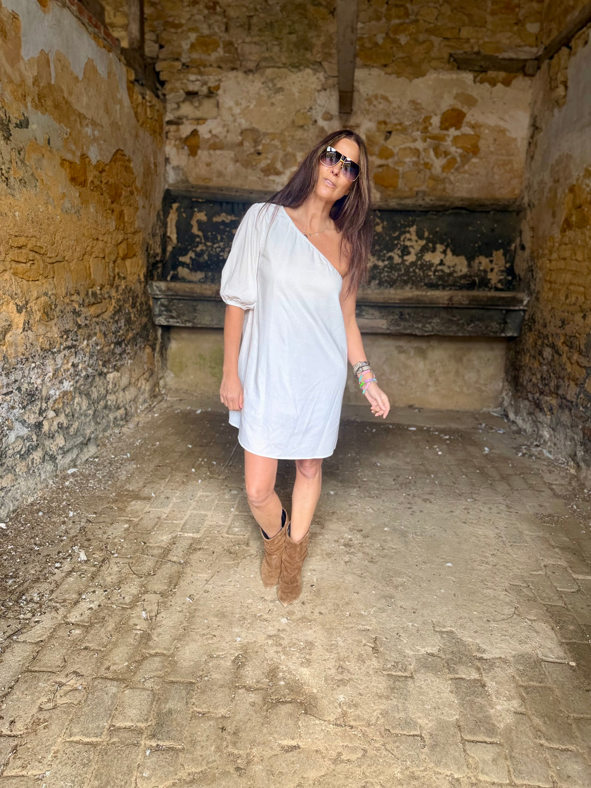 Den One Shoulder Smock Dress - White