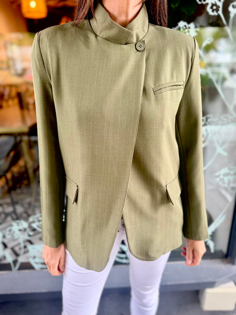 Pinstripe Funnel Neck Blazer - Green
