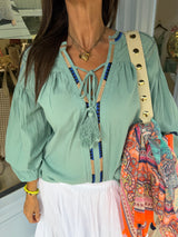 Citrine Blouse With Tassel - Aqua