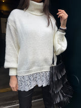 Arabella Lace Roll Neck Jumper - Cream