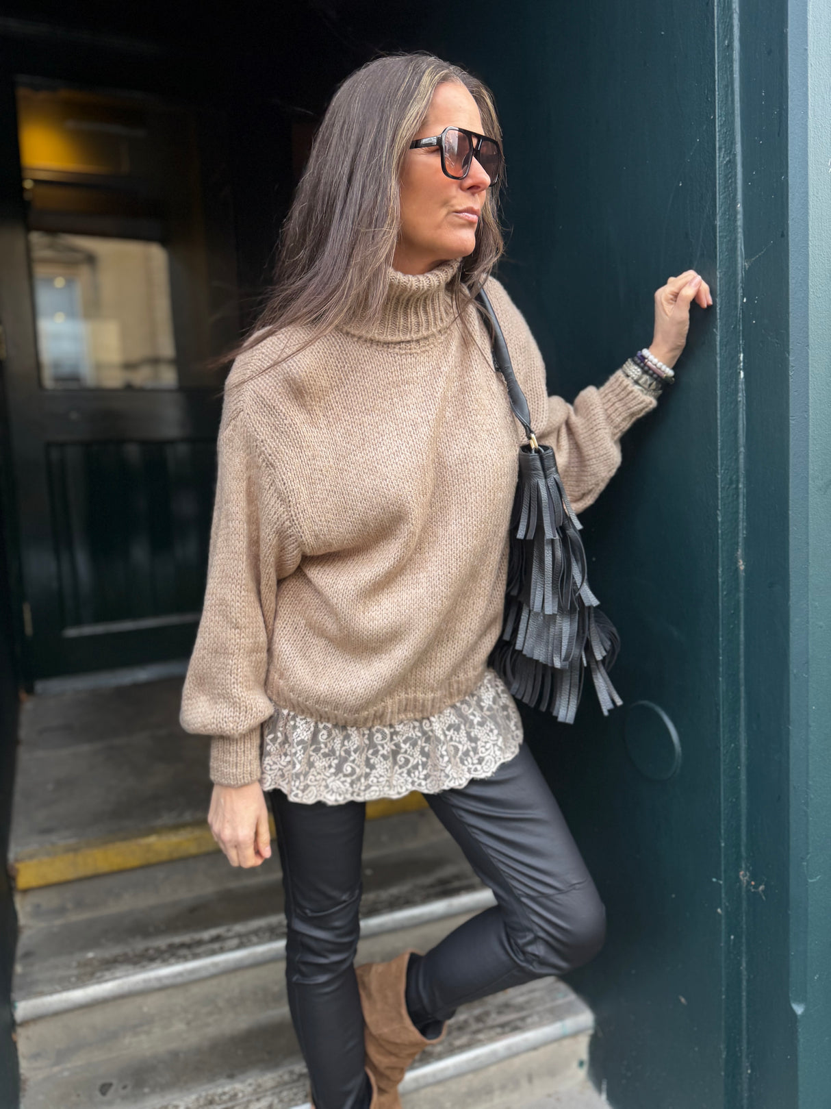 Arabella Lace Roll Neck Jumper - Biscuit