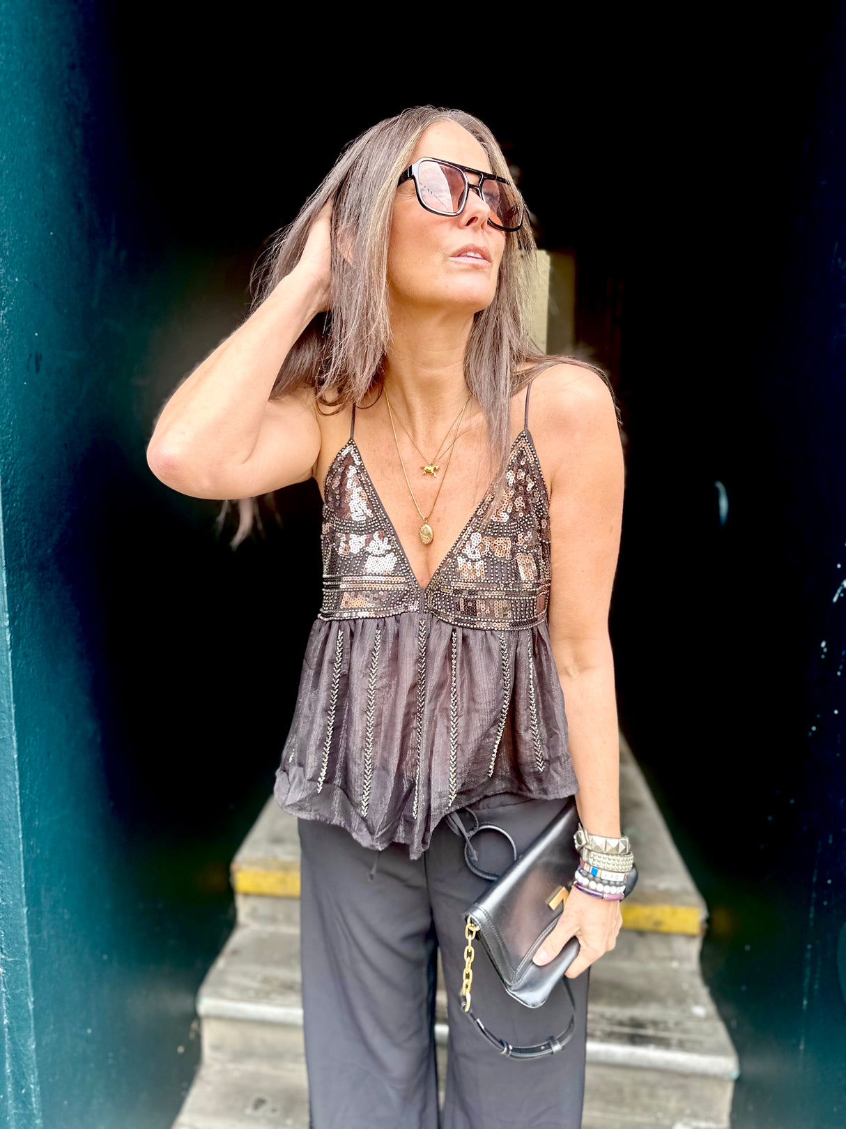 Liza Sequin Camisoles - Black