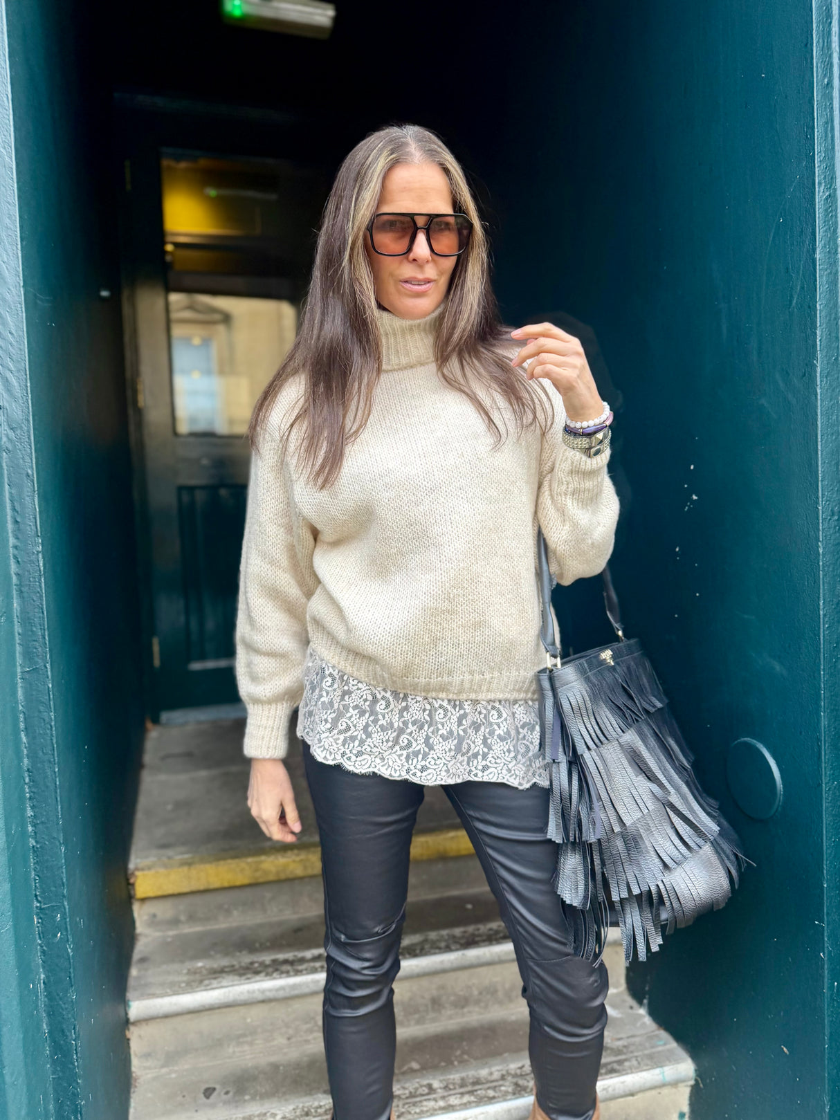 Arabella Lace Roll Neck Jumper - Oat