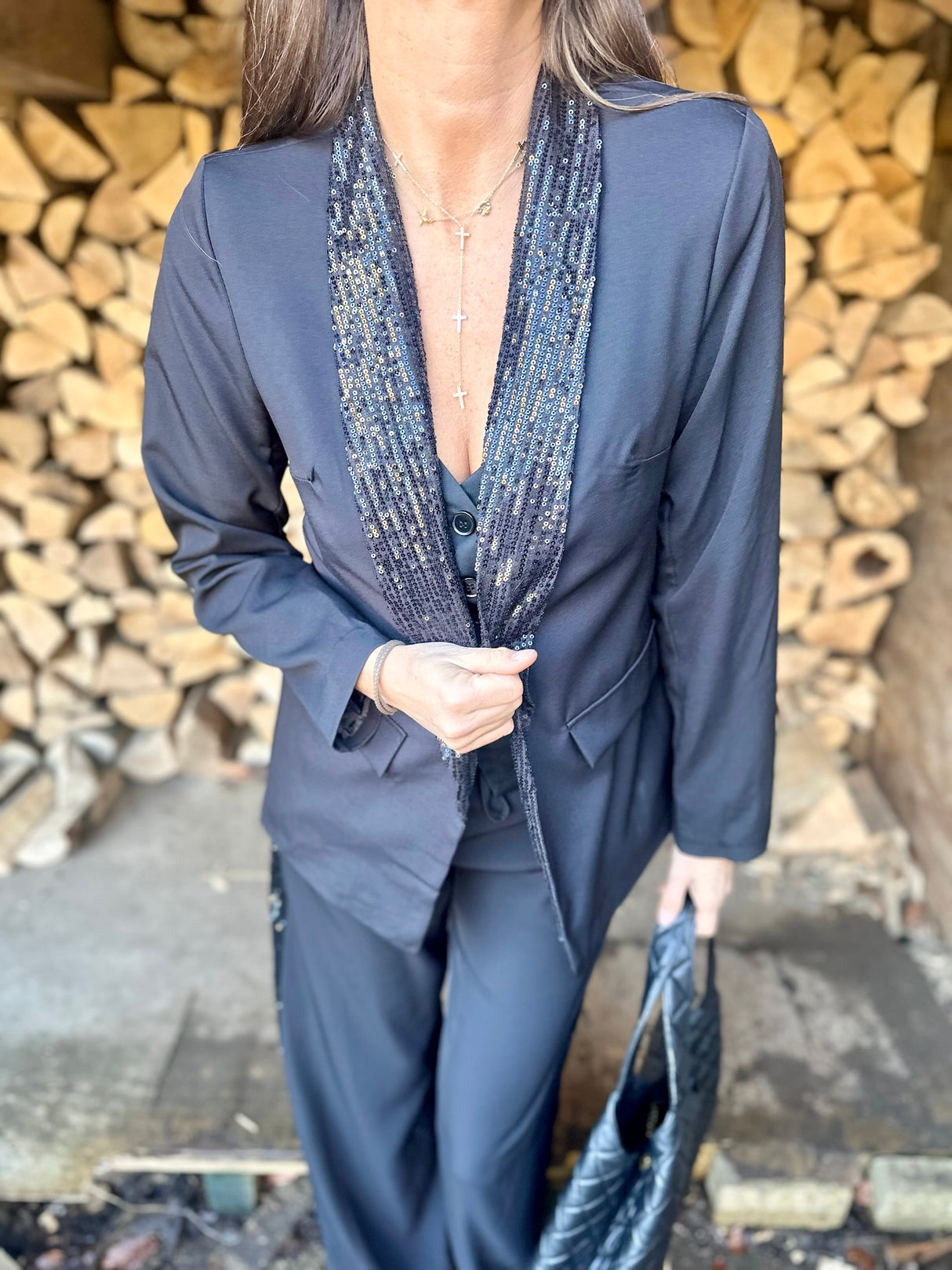 Chloe Sequin Lapel Blazer Black Black