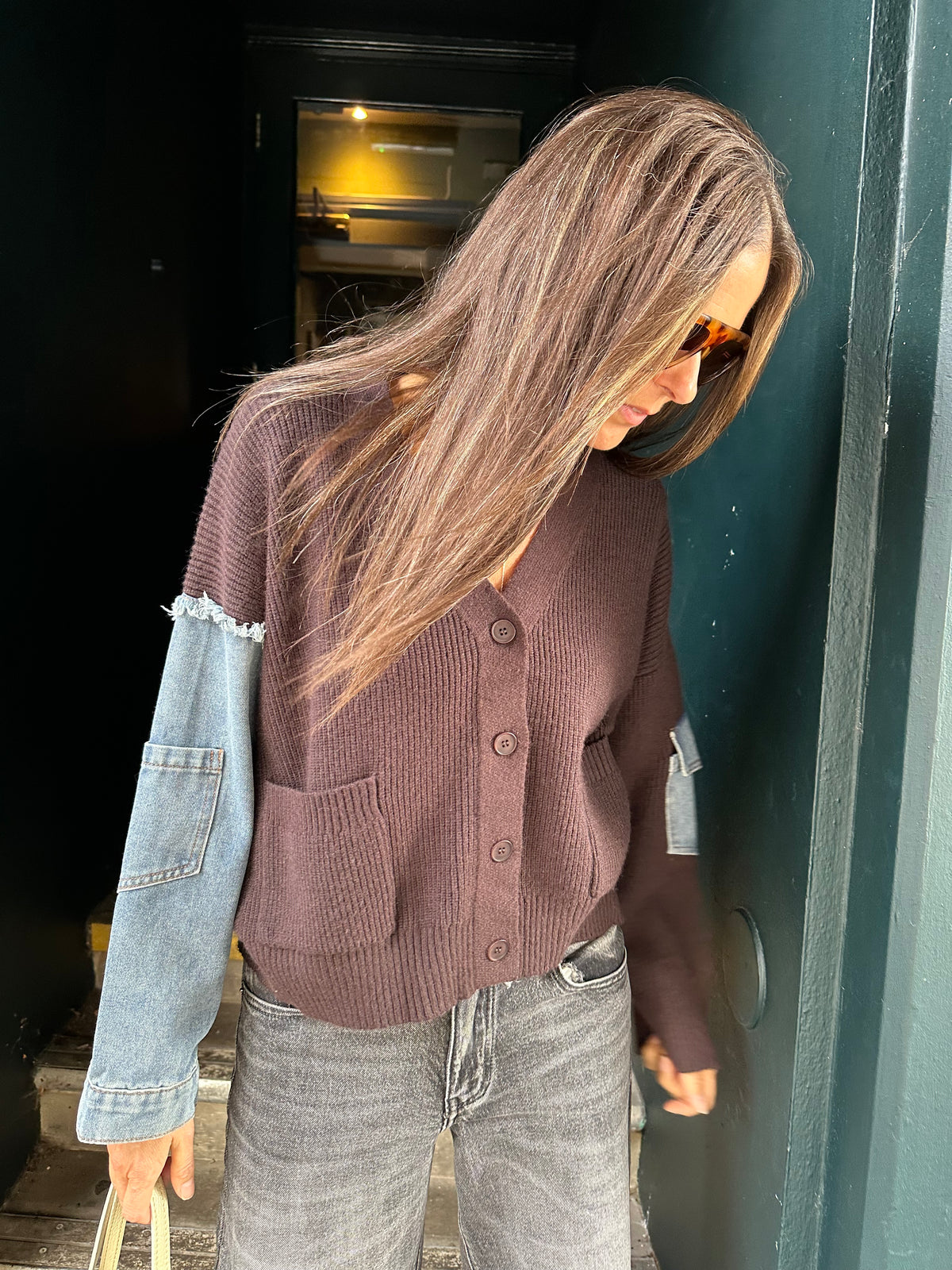 Bronte Cardi With Denim Sleeve - Choc