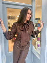 Cara Lace Pussy Bow Blouse - Chocolate