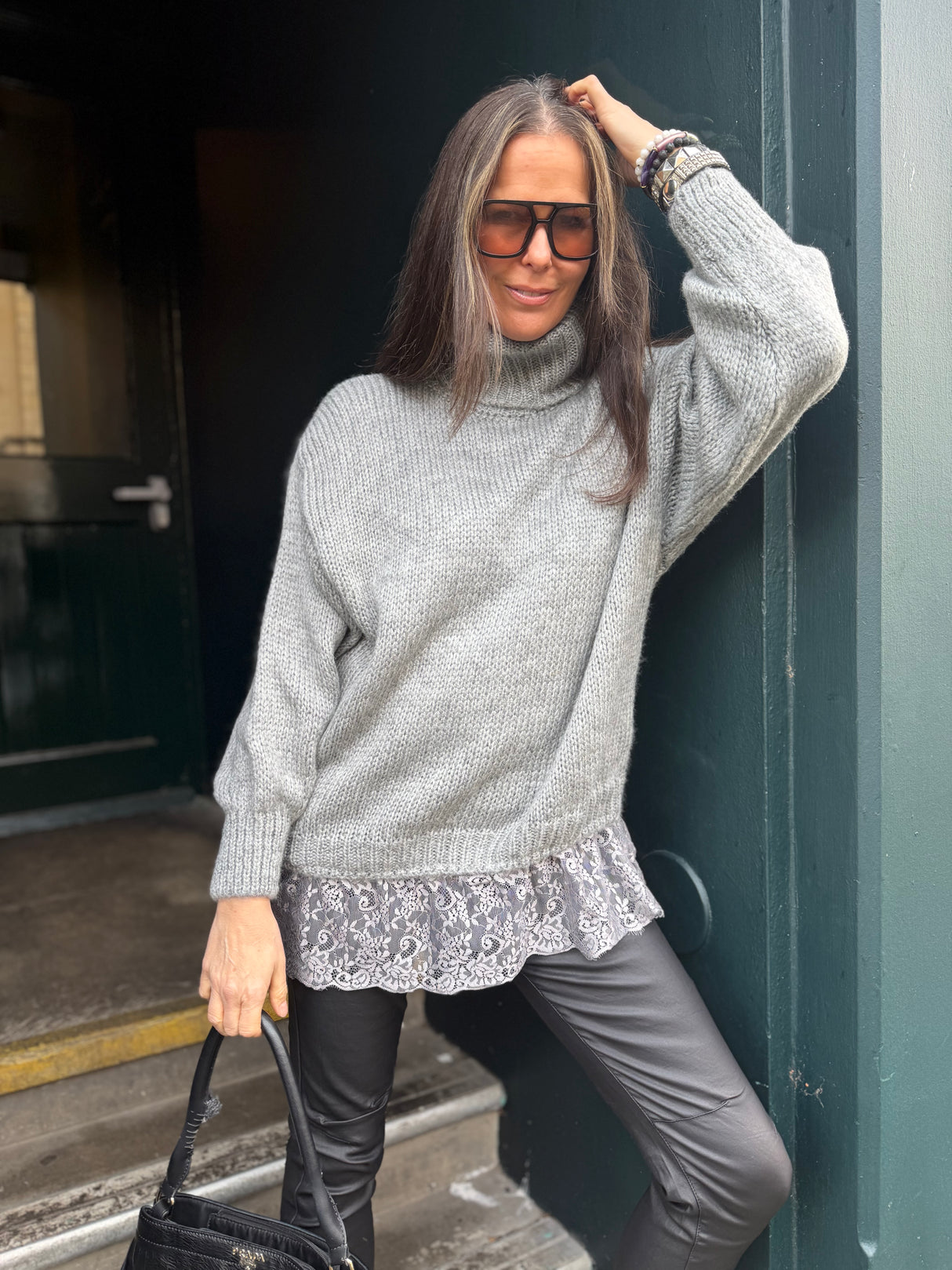 Arabella Lace Roll Neck Jumper - Grey