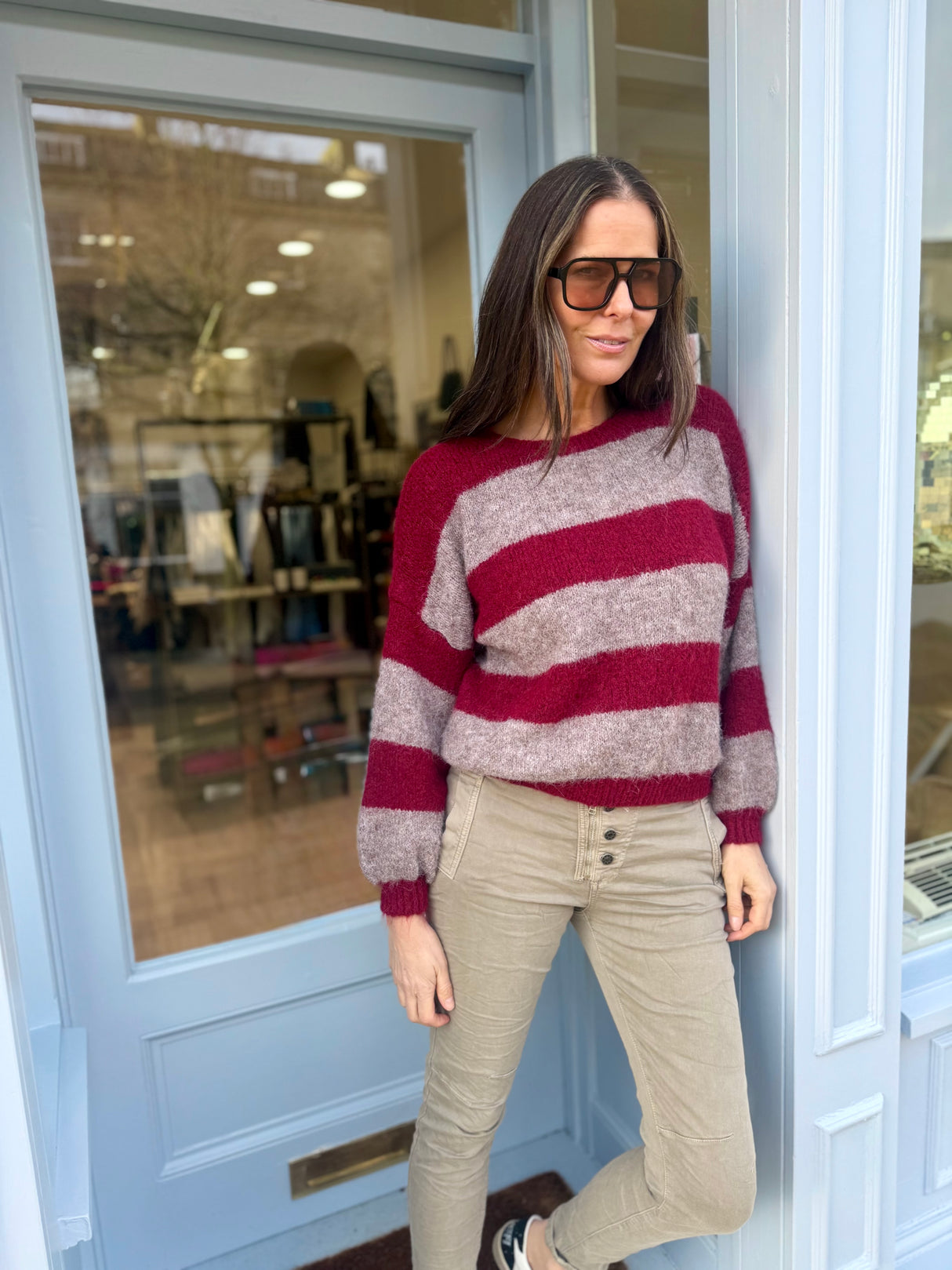 Evelyn Stripe Crew - Burgundy/Taupe