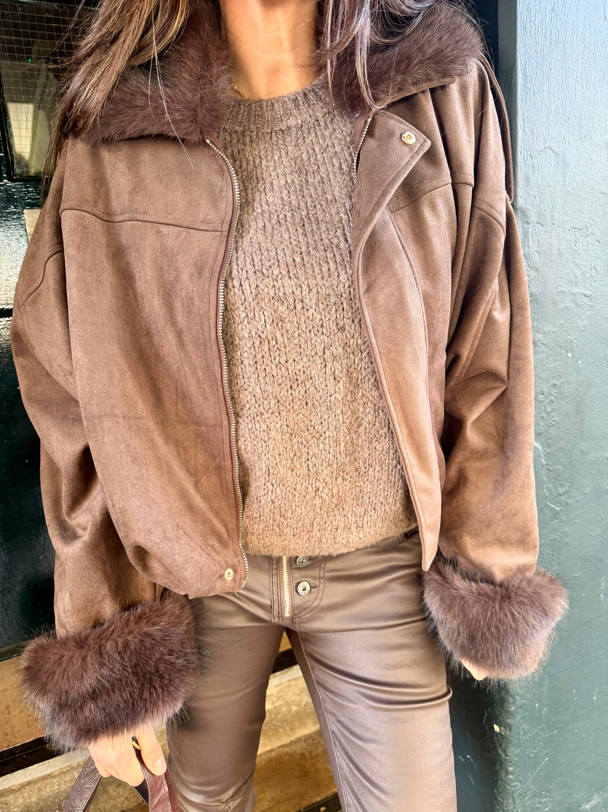 Shauna Faux Suede Bomber - Choc
