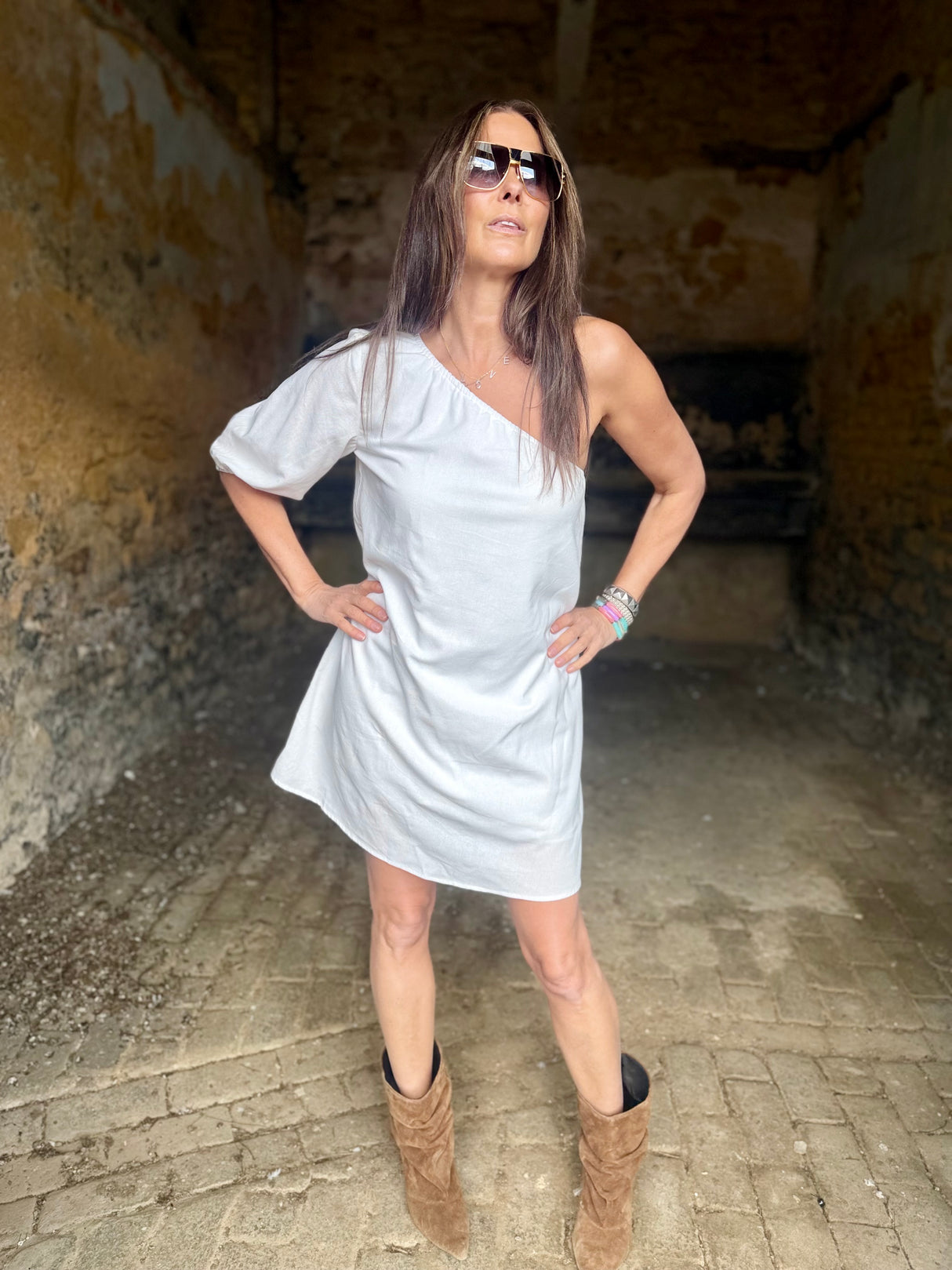Den One Shoulder Smock Dress - White
