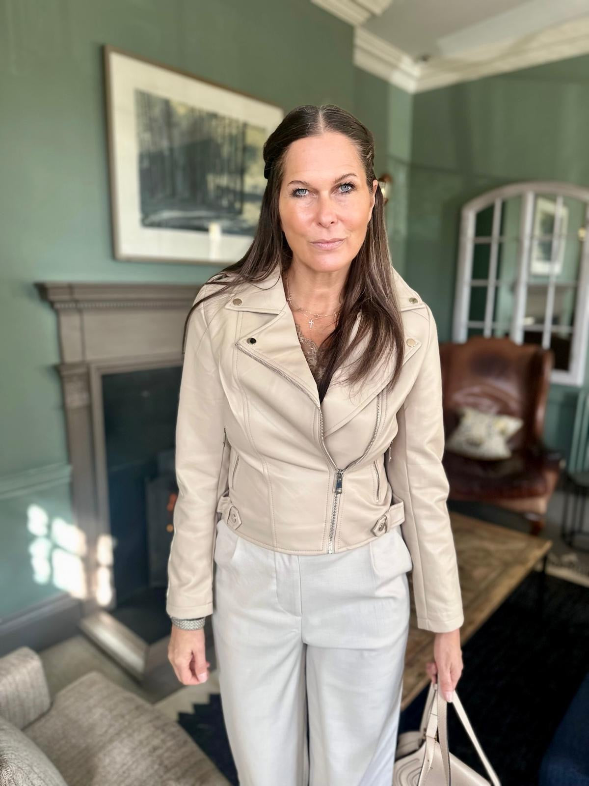 Biker Jacket With Collar - Stone