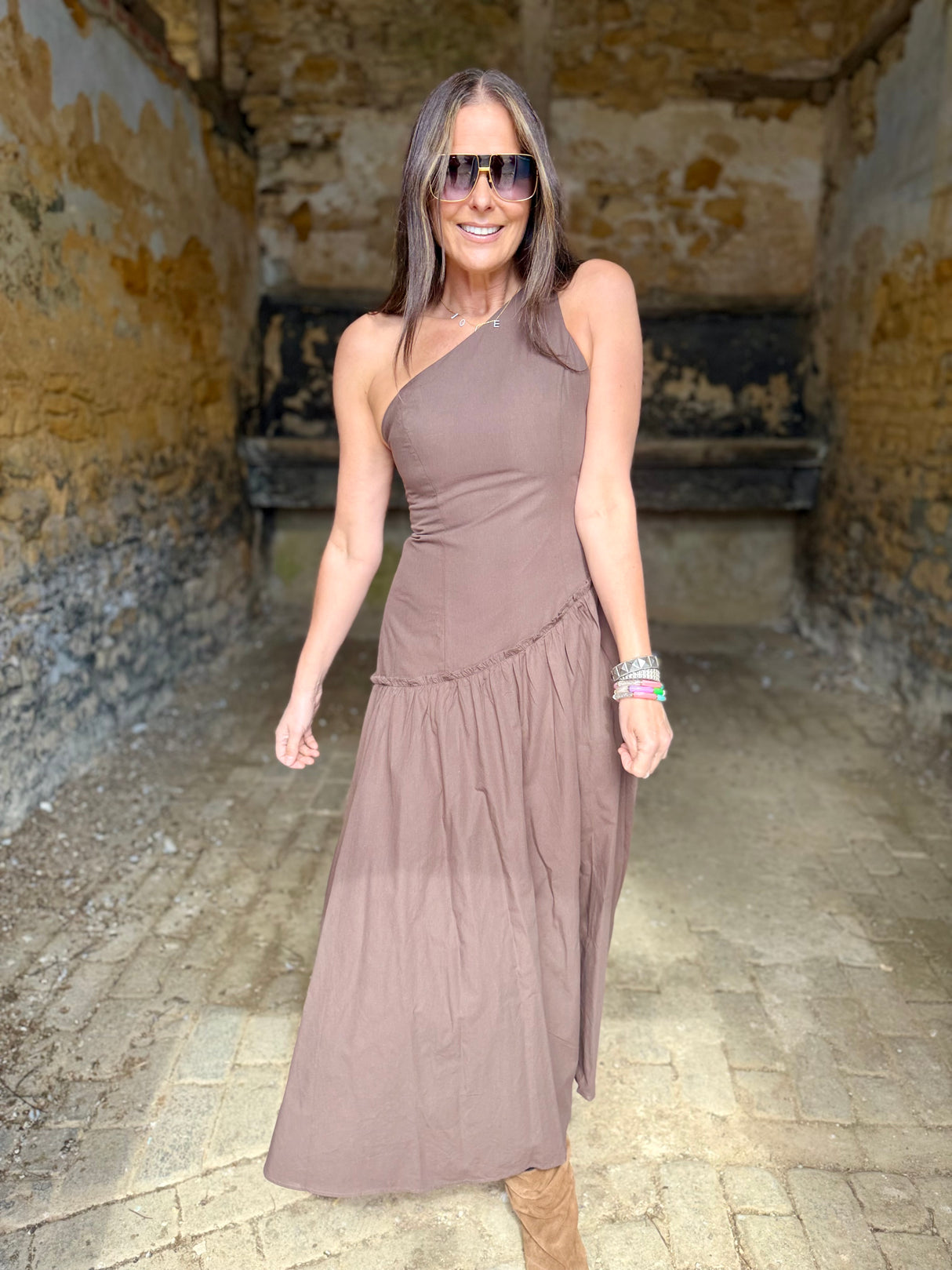 Louise One Shoulder Dress - Chocolate