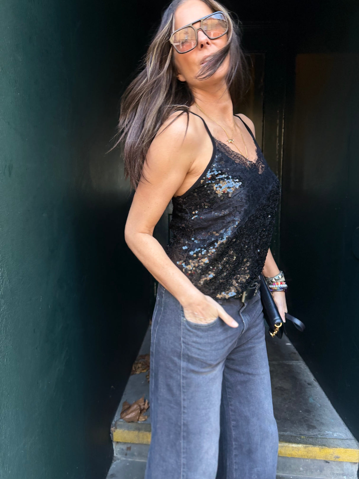 Harley Lace Sequin Cami - Black