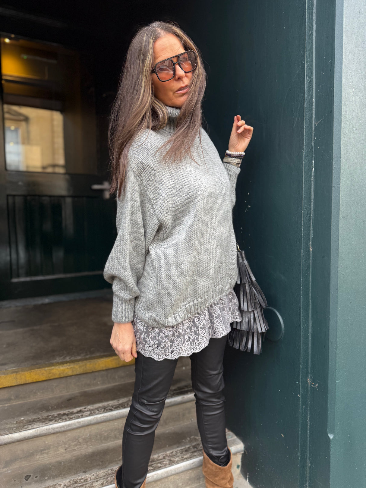 Arabella Lace Roll Neck Jumper - Grey