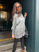 Arabella Lace Roll Neck Jumper - Grey