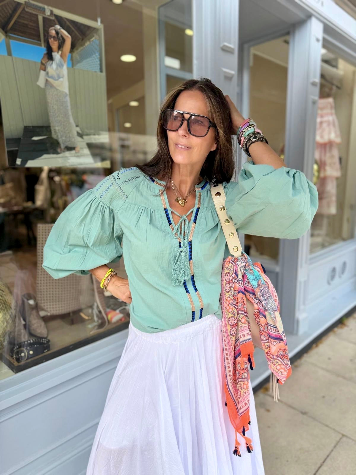 Citrine Blouse With Tassel - Aqua