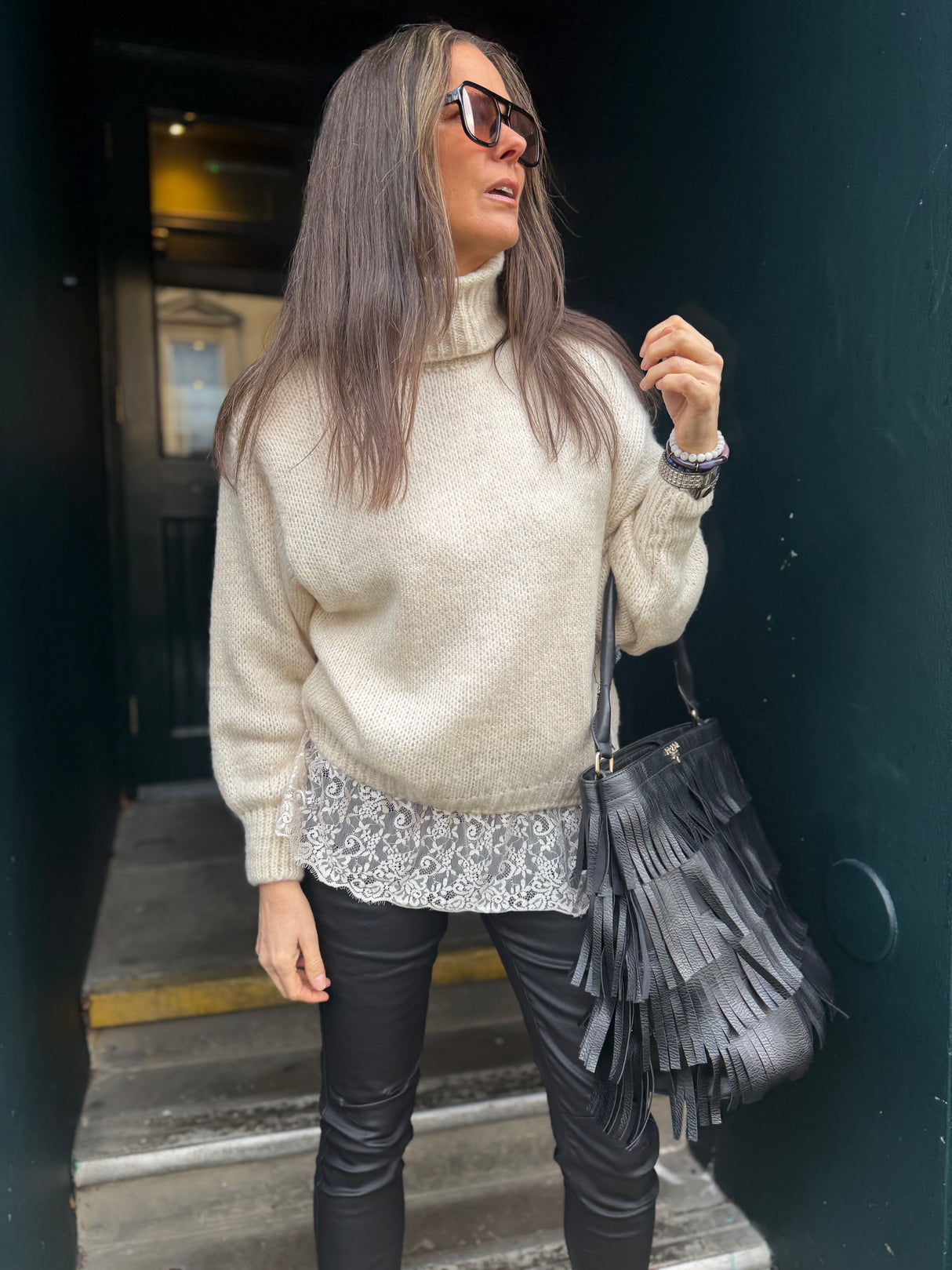 Arabella Lace Roll Neck Jumper - Oat