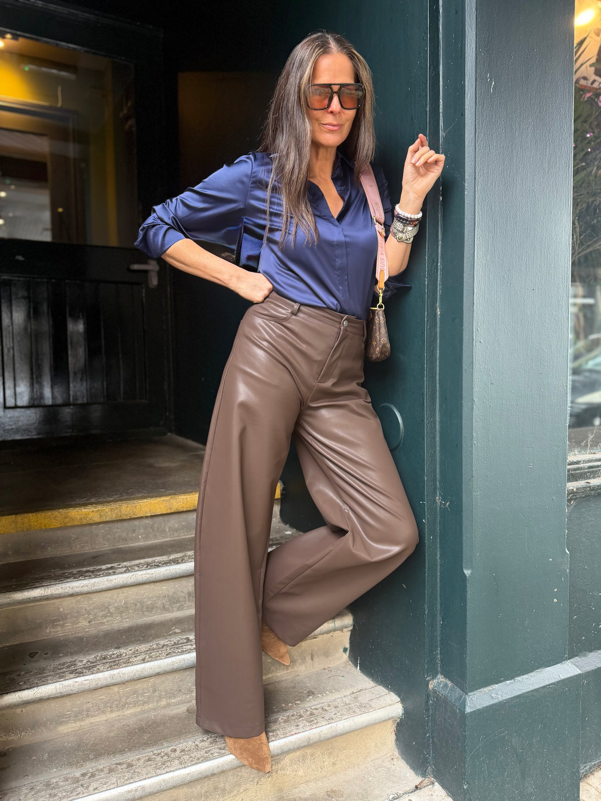 Ally Faux Leather Barrel Pant - Chocolate