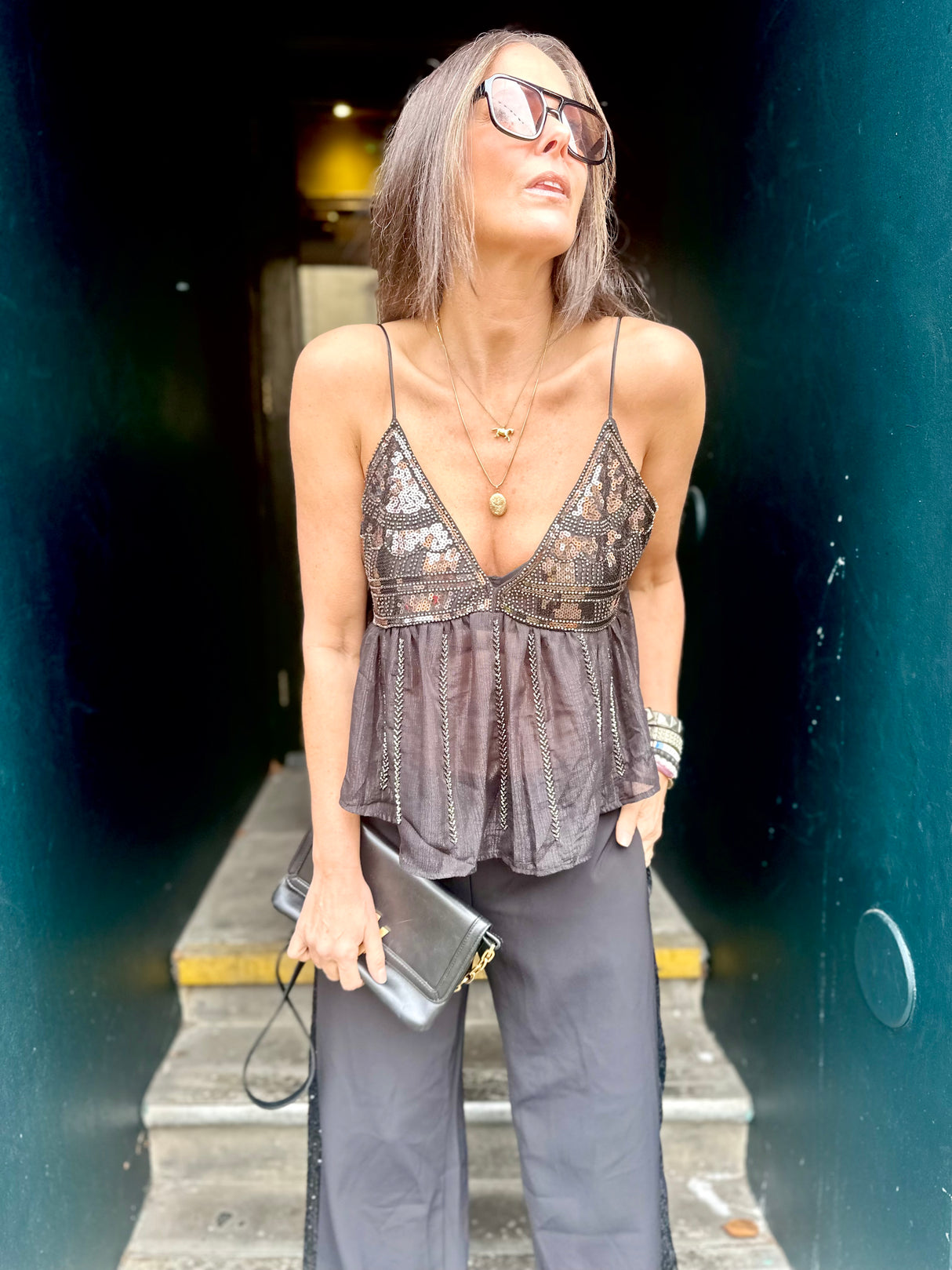 Liza Sequin Camisoles - Black