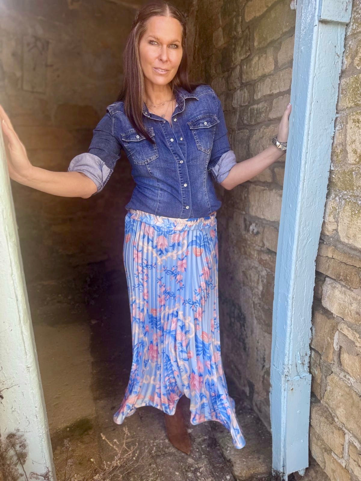 Falda floral vintage Toni - Hortensia azul