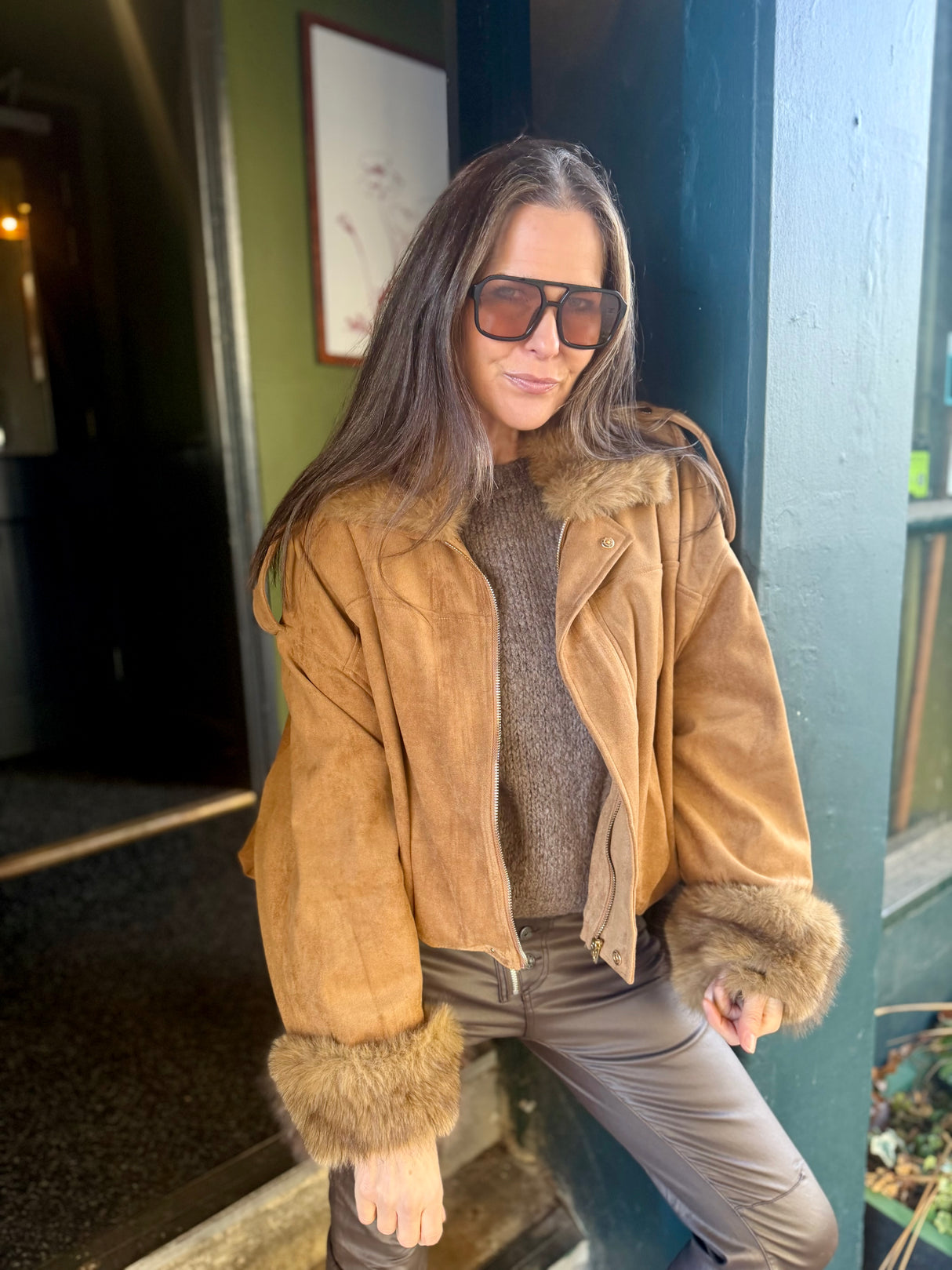 Shauna Faux Suede Bomber - Tan