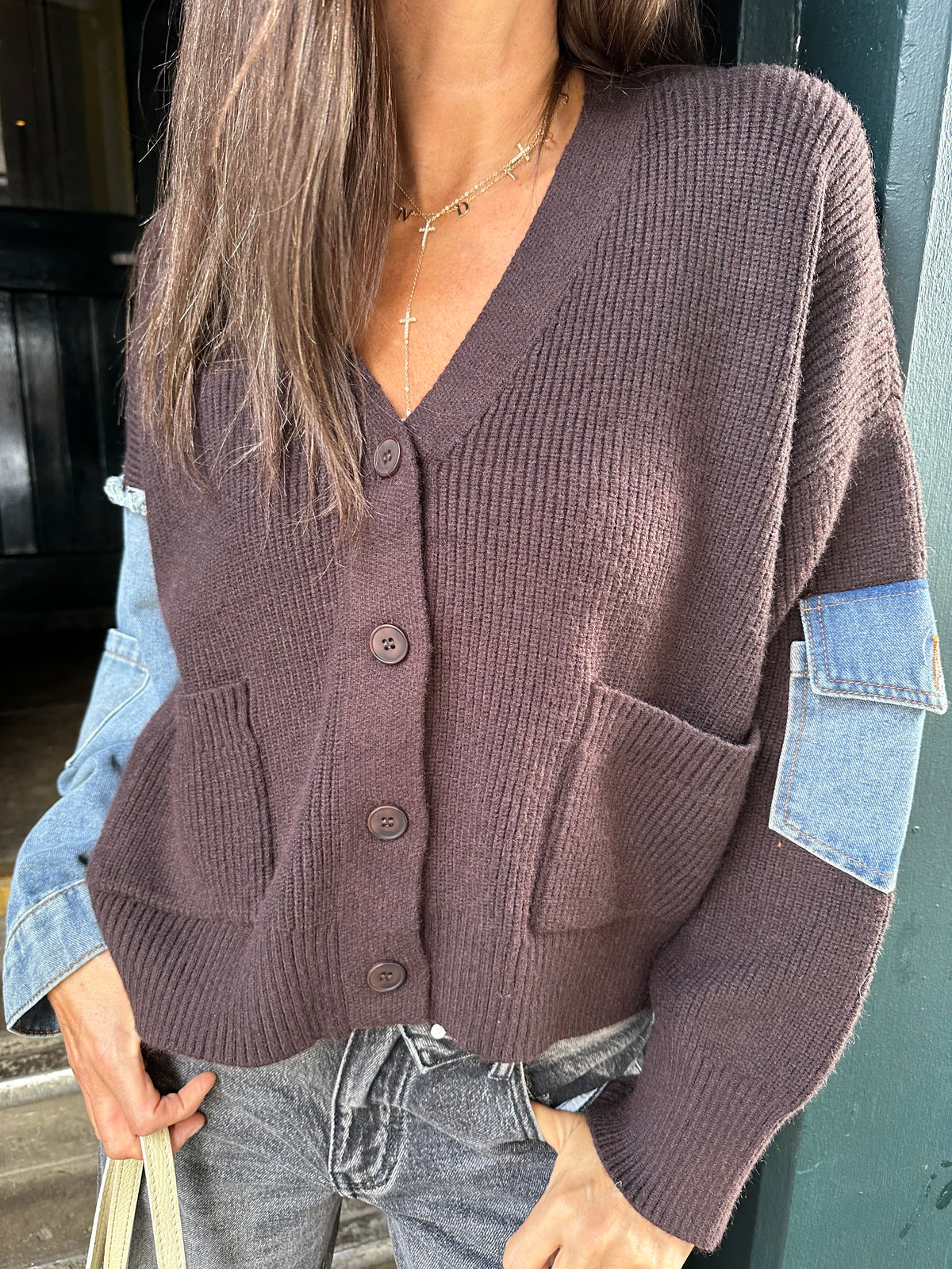 Bronte Cardi With Denim Sleeve - Choc
