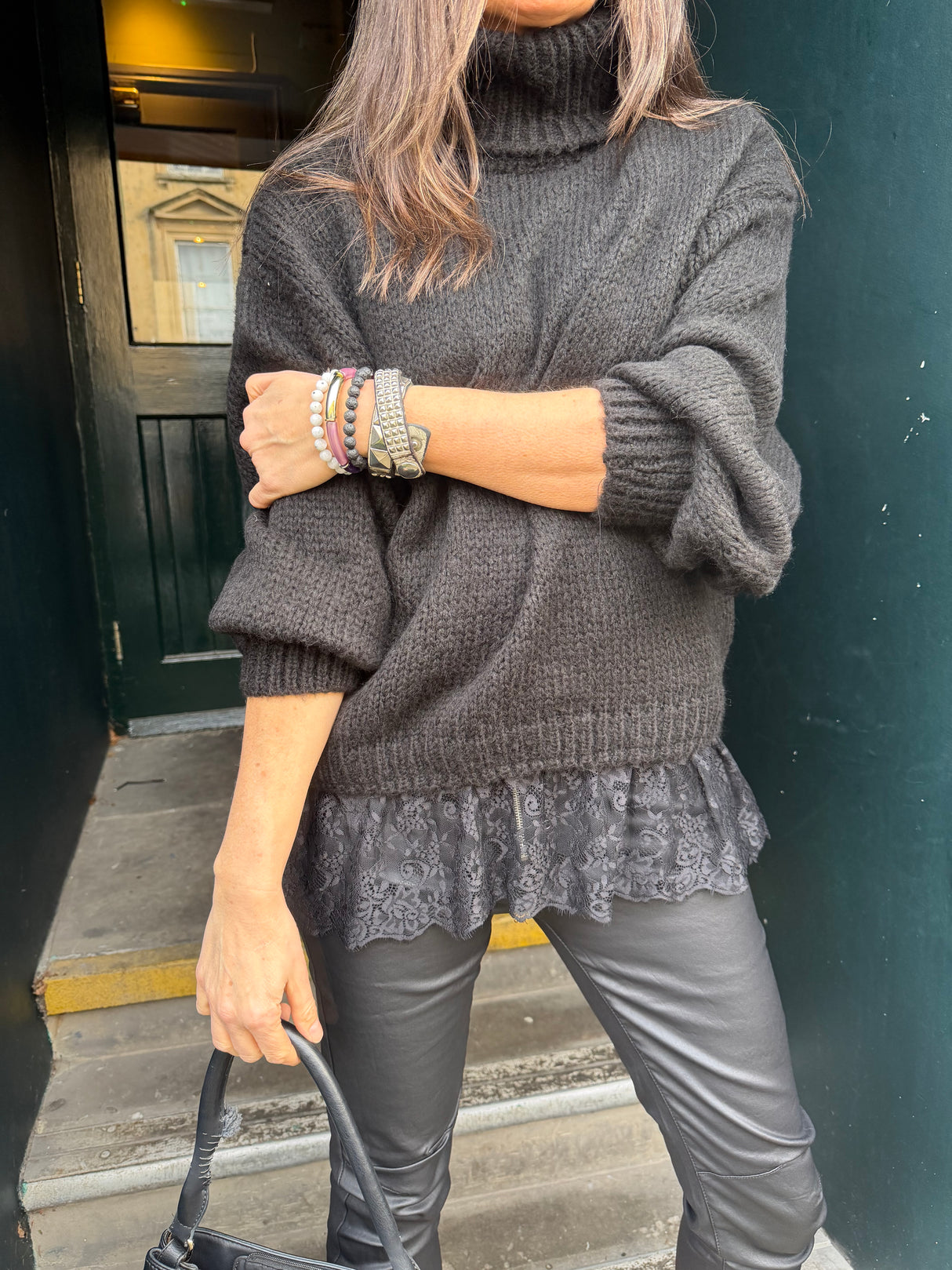 Arabella Lace Roll Neck Jumper - Black