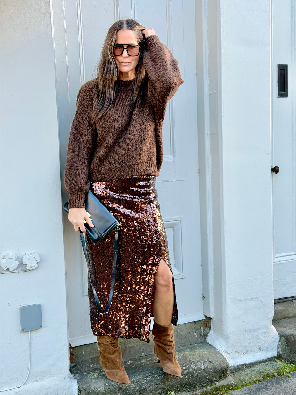 Mariah Sequin Midi Skirt - Chocolate