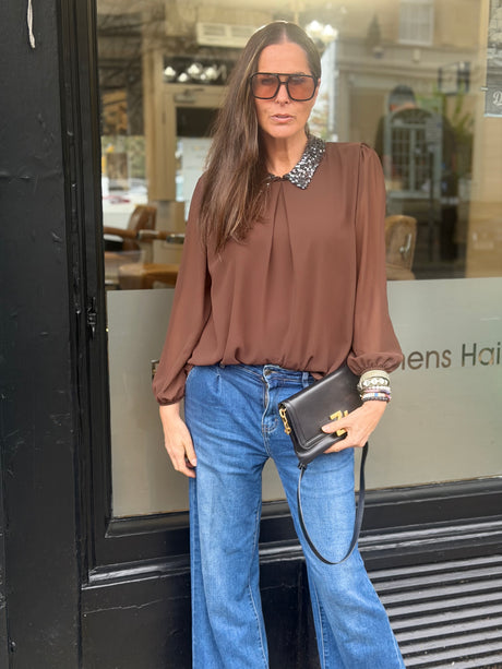 Siri Sequin Collar Blouse - Chocolate