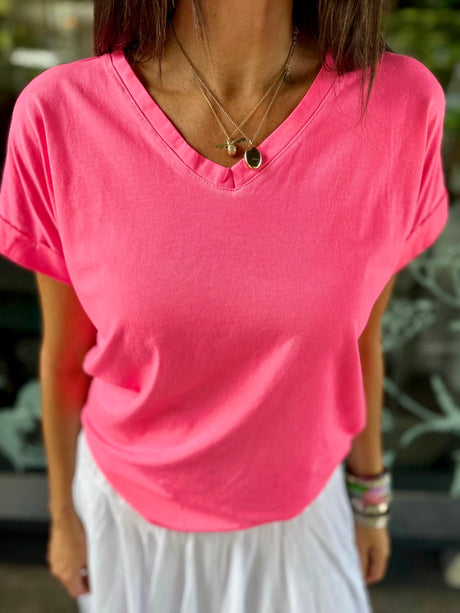 V Neck Tee - Neon Pink