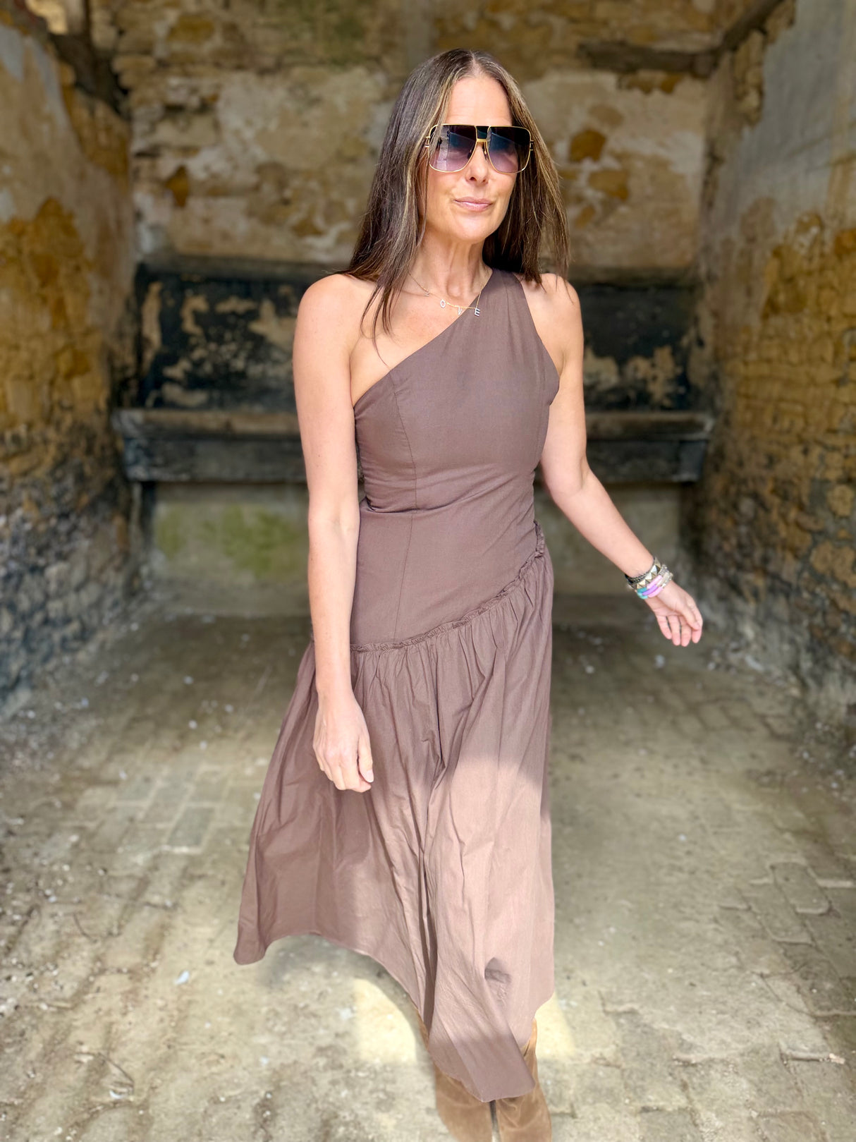 Louise One Shoulder Dress - Chocolate