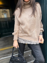 Arabella Lace Roll Neck Jumper - Biscuit